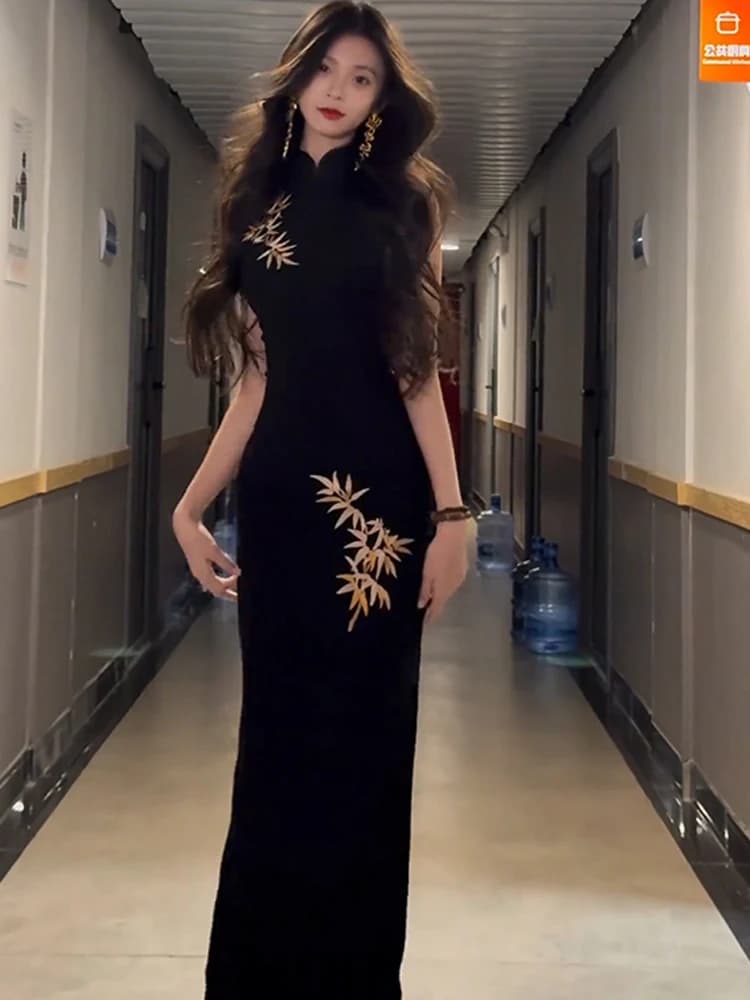 New Chinese Style Qipao Dress Autumn Evening Gown Elegance Lady High-End Feelment Banquet Ceremony Skirt Polyester Fiber