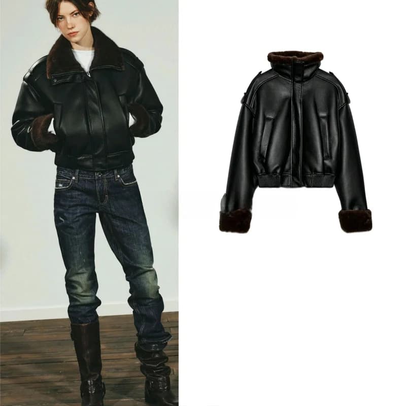 Women's Double-Sided PU Leather Flight Jacket Coat Long Sleeve Stand Collar Winter New Arrival Commute Style Loose Fit Polyes...