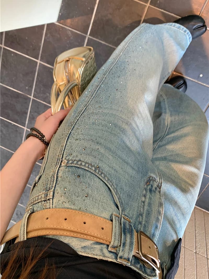Jeans a Vita Alta e Gamba Larga da Donna, Design Coreano di Tendenza, Nuova Collezione Estate 2026, con Inserti Laterali Decorati con Diamanti, Effetto Snellente