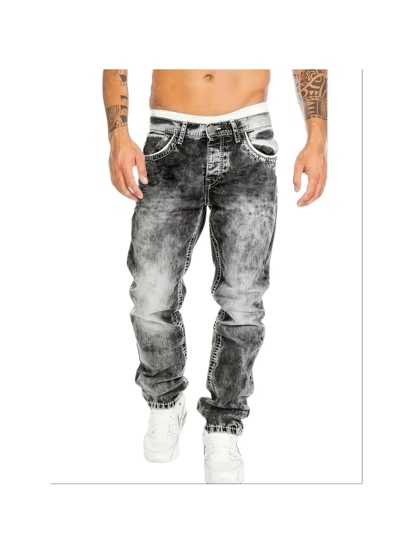 Jeans da uomo FY10024, taglia standard, stile vintage, denim lavato, abbigliamento casual.