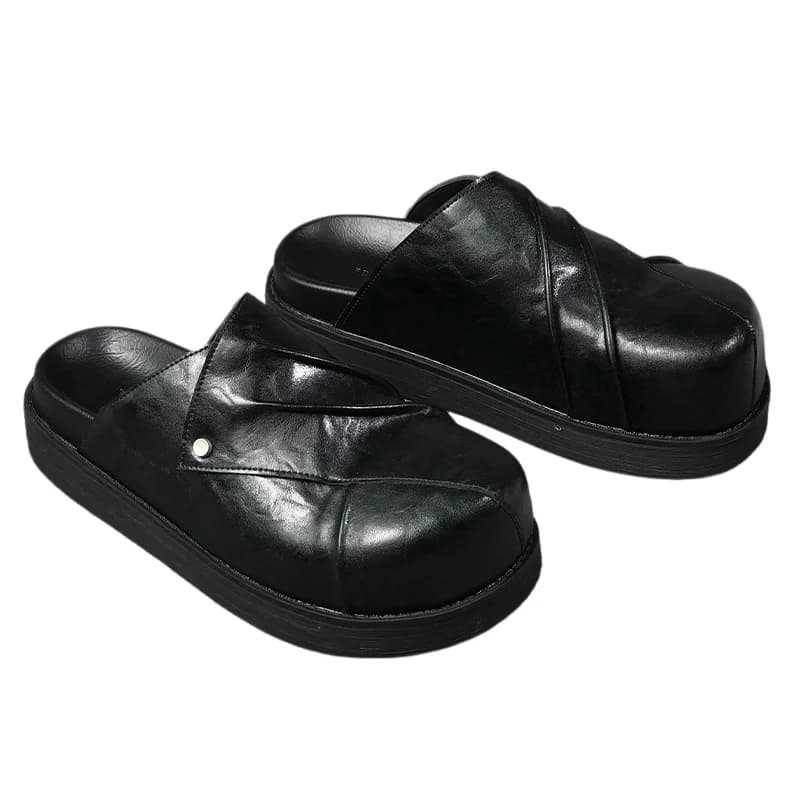 New Men's Casual Slippers Autumn Winter Retro Comfortable Lazy Black Leather Shoes for Indoor Platform Sandals Daily Use