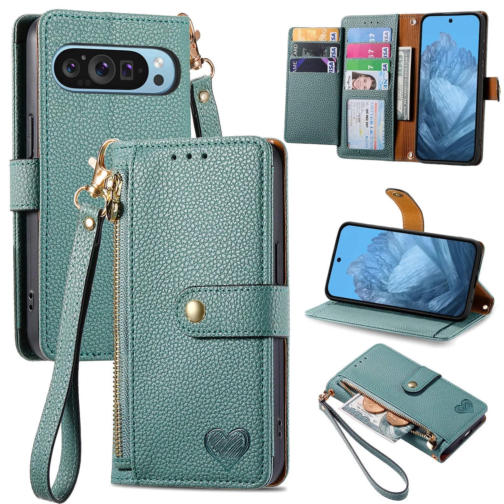 Custodia a portafoglio Google Pixel 10 Pro XL 9 8 7 Pro 10A 9A 8A 7A 6A Borsa da tasca con cerniera con cinturino da polso, supporto per carta di vibrazione RFID