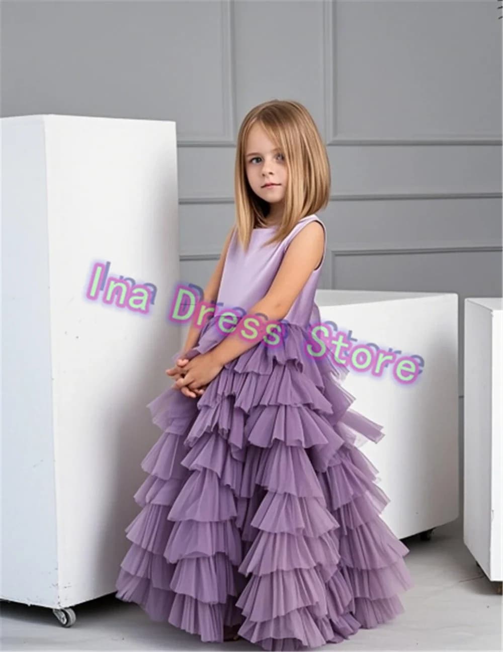 Nuovo adorabile abito da ragazza di fiori in tulle viola soffice con fiocco per abiti da sera di compleanno per feste di ballo di nozze di piccola principessa