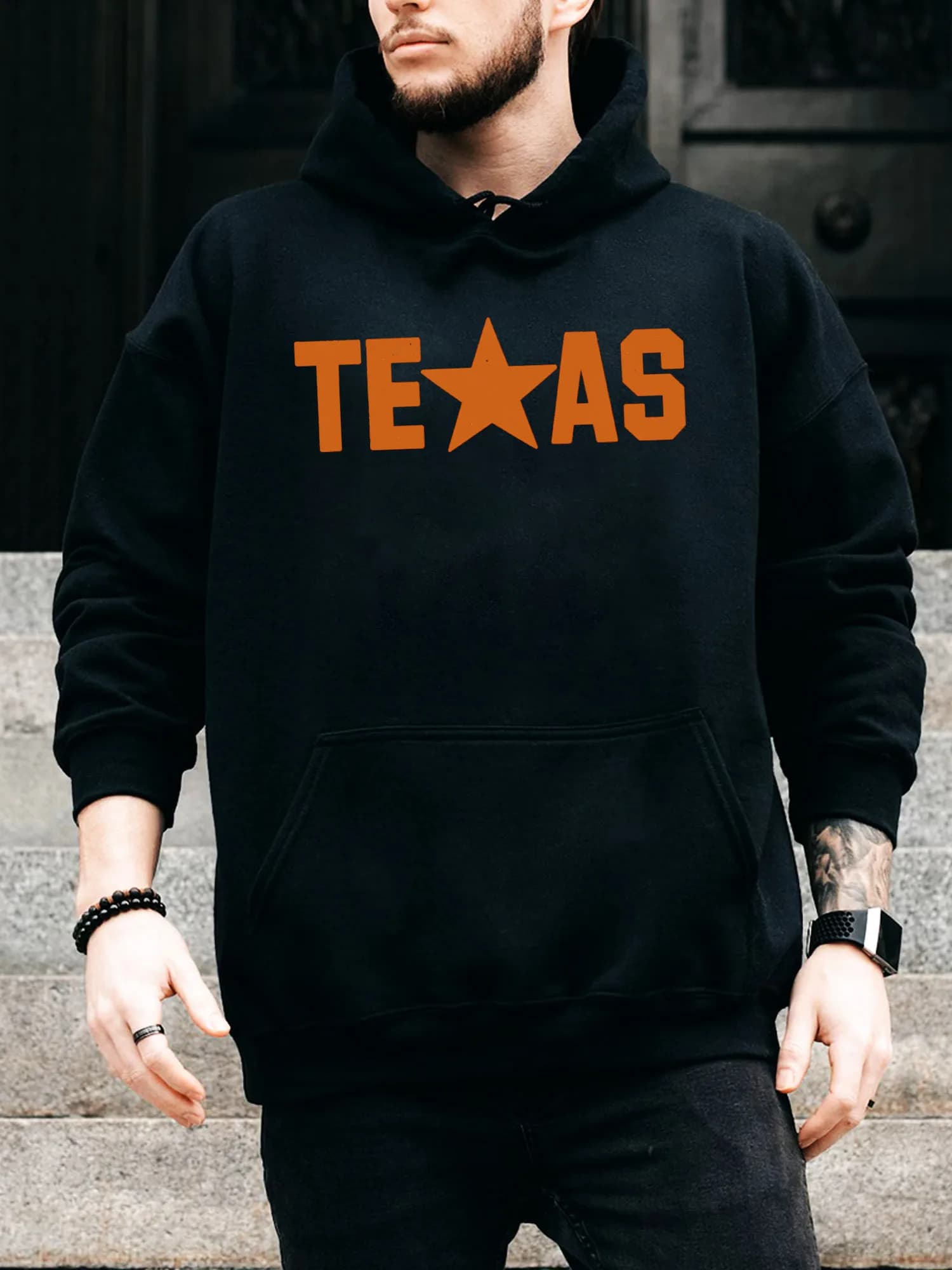 Felpa con cappuccio da uomo con coulisse Texas State - Pullover nero casual e confortevole, felpa con cappuccio autunno e inverno