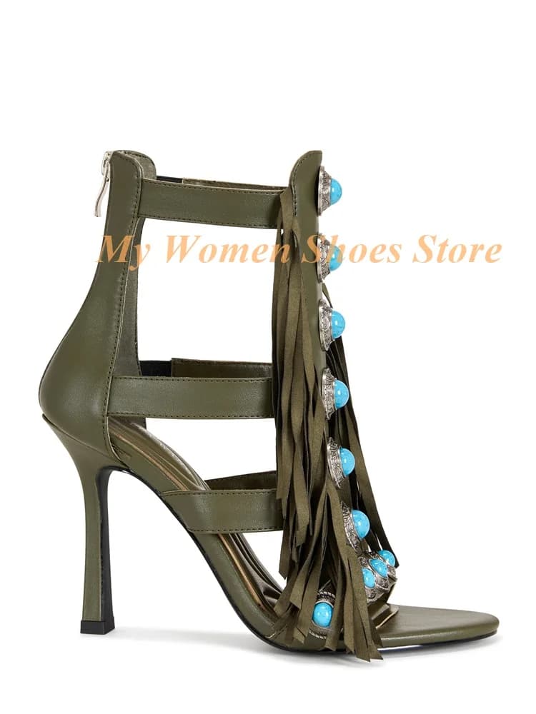 Crystal Tassel Open Toe Sandals Back Zipper Green Black Red Buckle Strap Runway 2026 Summer Women Dress Shoes Handmade Newest