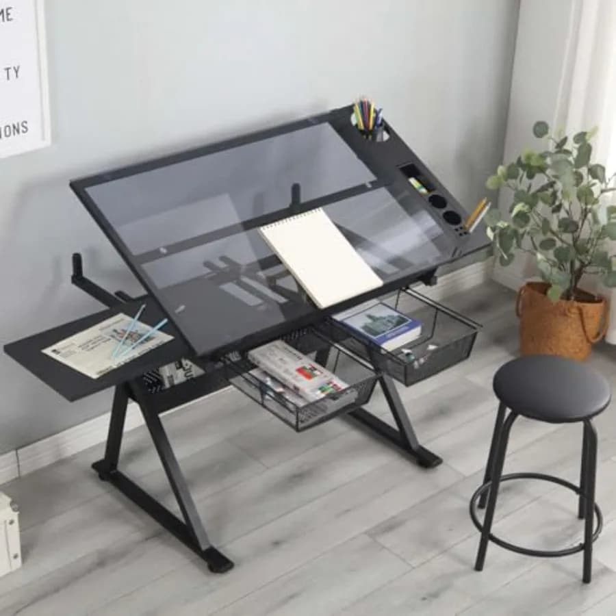 Tavolo da Disegno Nero con Sgabello, Scrivania Multifunzionale per Pittura Diamantata e Artigianato, Tavolo da Lavoro con Piano Inclinabile in Vetro Temperato