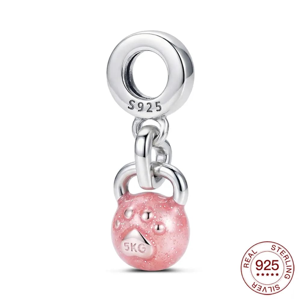 925 Sterling Silver Pink Kettlebell Pendant, 5 kg, fitness design, compatible with original bracelets, gift for gym lovers, jewel for woman
