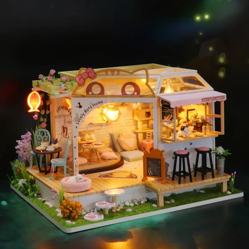 OUZEY Cozy Cat Cafe Dollhouse fai da te, miniatura in legno 3D con luci a LED, regalo di compleanno per ragazze adolescenti