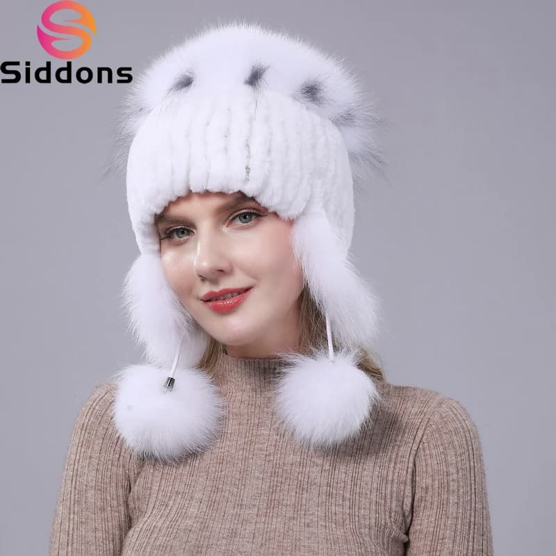 2026 New Winter Hat For Women Warm Natural Genuine Rex Rabbit Fur Knitted Hats With Ear Flaps Handsewn Fashionable Bomber Hat