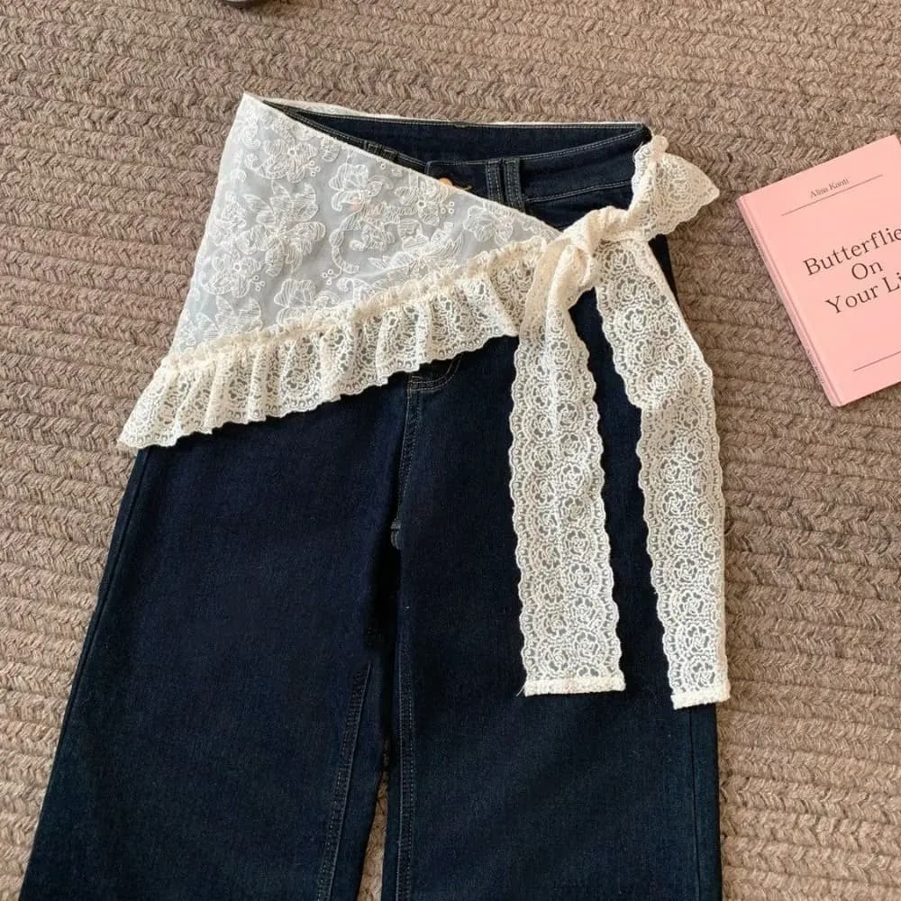 Minigonna Morbida in Pizzo Stile Coreano, Gonna in Garza Floreale a Vita Alta con Bordo Arricciato e Lacci, Streetwear