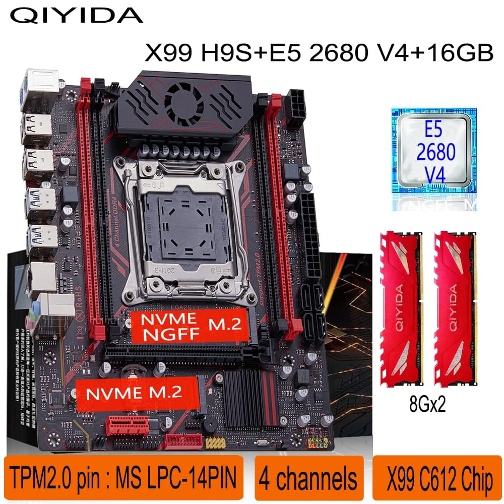 Kit scheda madre Qiyida X99 LGA2011 3 Xeon E5 2680 V4 2*8GB 16GB DDR4 3200Mhz 4 canali NVME USB3.0 SATA3.0 Interfaccia TPM 2.0
