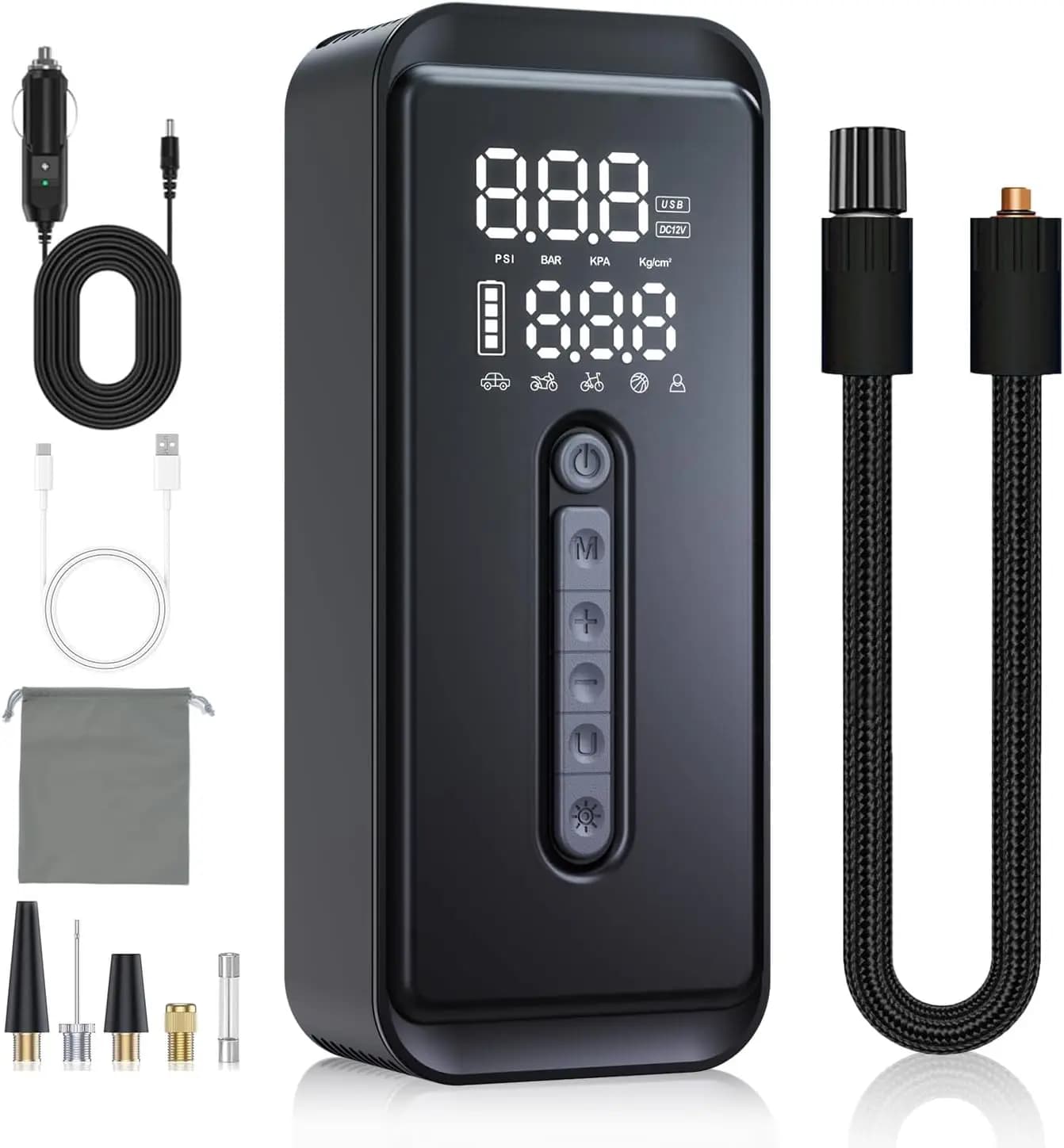 Gonfiatore portatile per pneumatici 150 PSI - Pompa ad aria ricaricabile per auto, moto, bicicletta con LED SOS (nero)