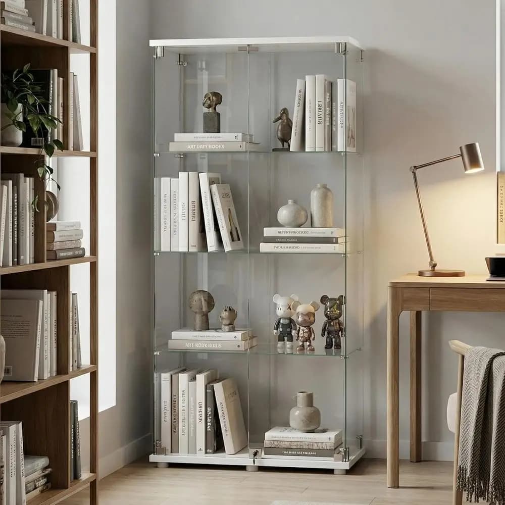 Vetrina a 4 Ripiani in Vetro Temperato con Serratura, Espositore per Oggetti da Collezione, Soggiorno, Bianco