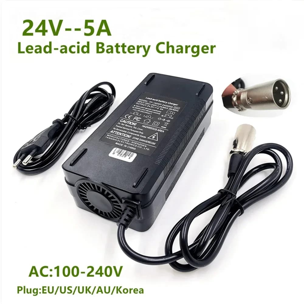 Caricabatteria al piombo 24V 5A Caricatore rapido 24V5A per connettore XLR a 3 pin al piombo 24V Ricarica rapida Ventola di raffreddamento da 28,8 V/27,6 V