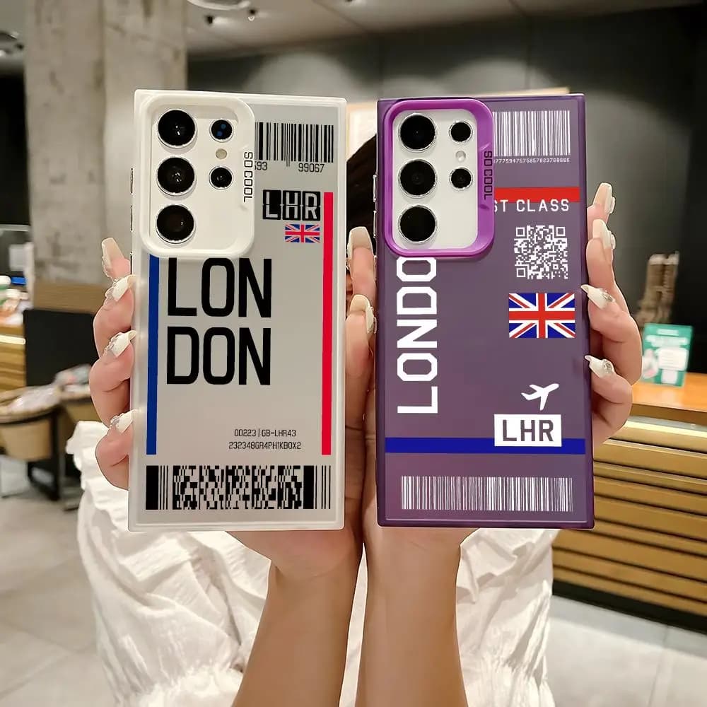 Cover per Telefono con Design Biglietto Aereo, Custodia Opaca Laser per Samsung S25 S24 S23 S22 S21 Ultra Plus, Antiurto, Rigida