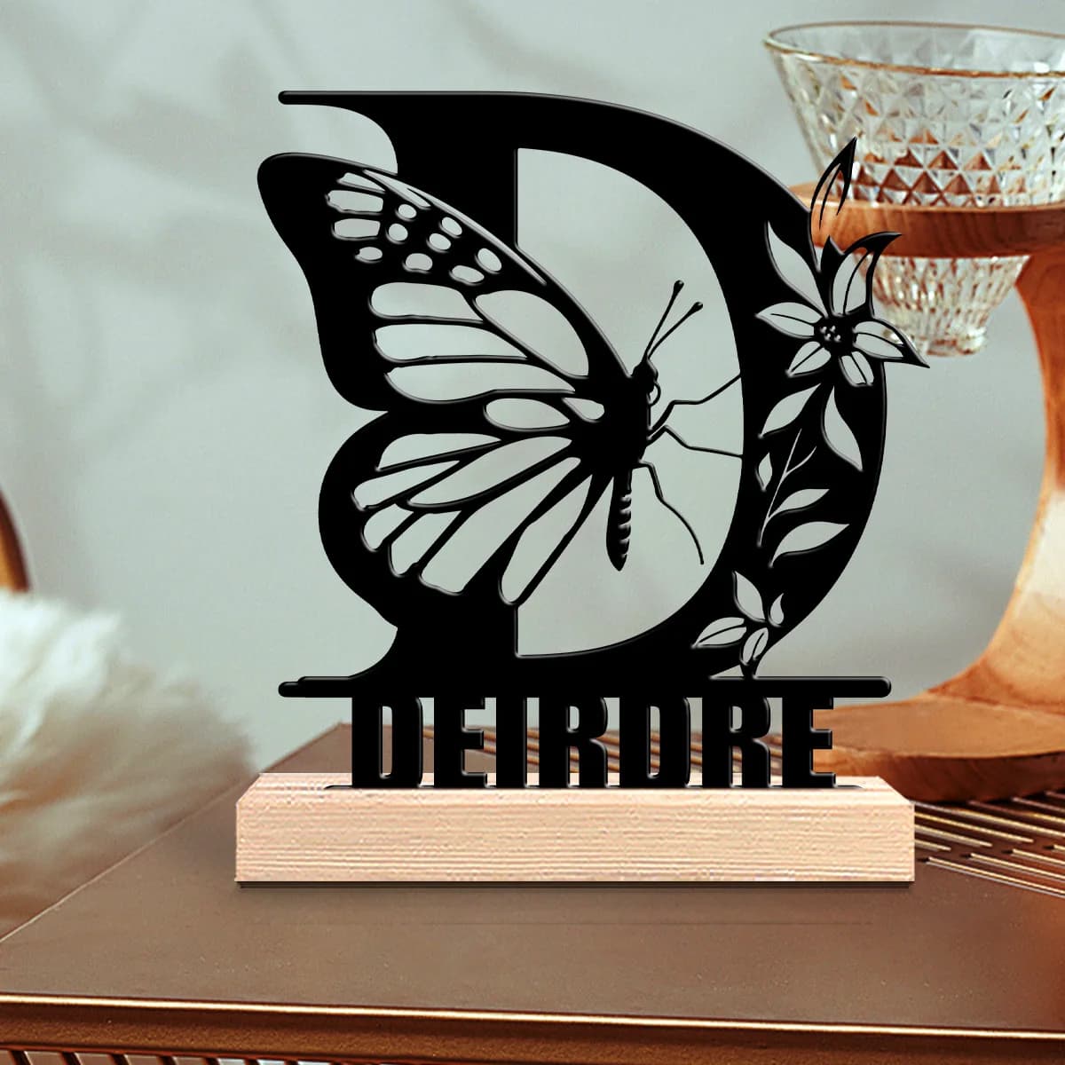 1pc Customizable Metal Desktop Ornaments Custom Name With Wooden Base Modern Rural Home Desktop Decorations