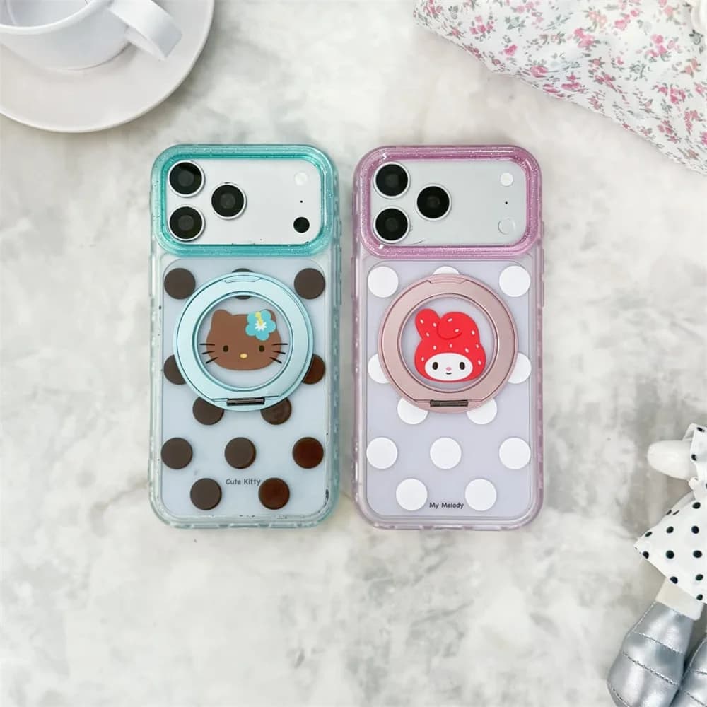 New Hello Kitty My Melody Polka Dot Phone Case For iPhone 15 16 17 Pro Max 360°Rotating Ring Stand Shockproof Protective Cover