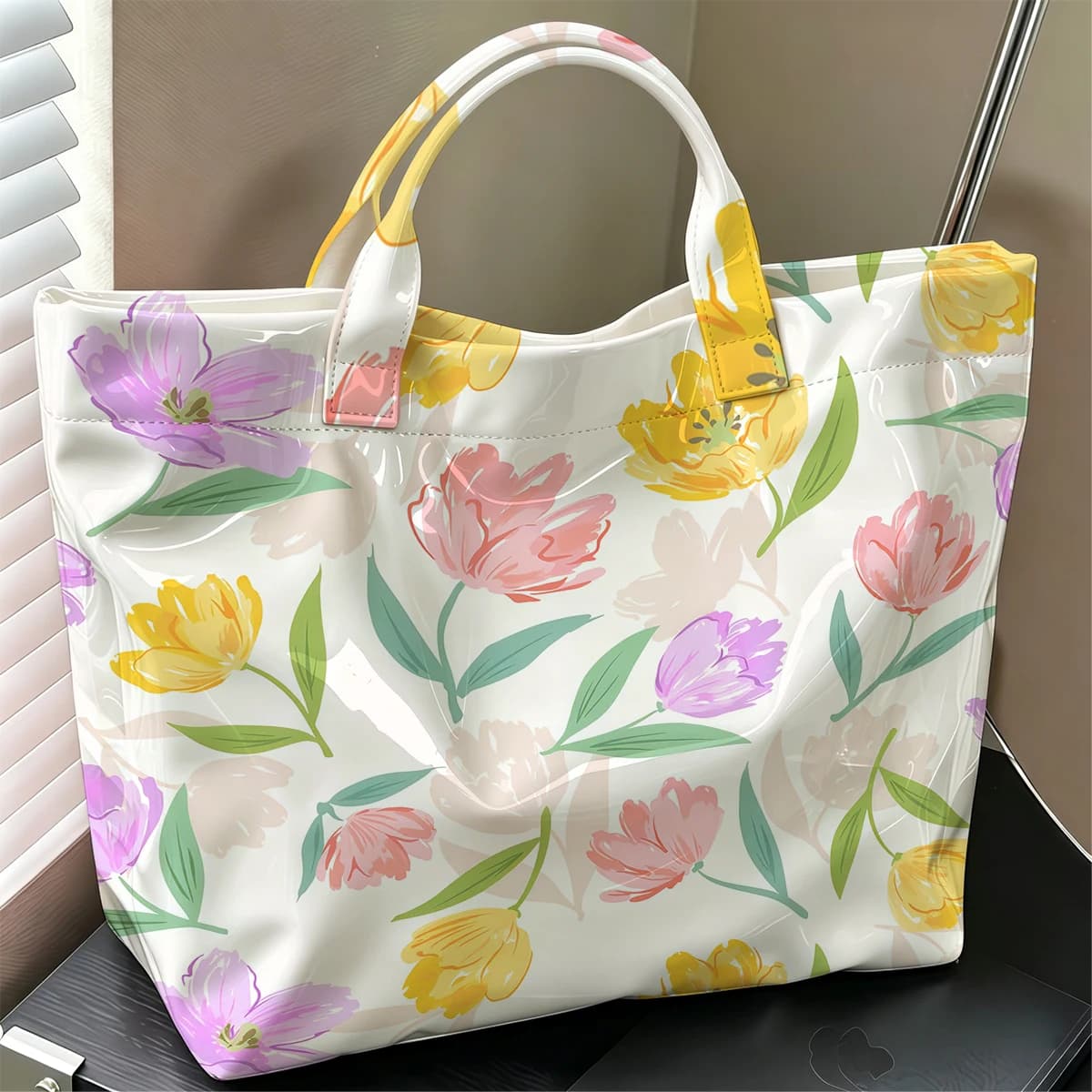 Tulip Print Cute Large Glossy PVC Tote Bag Hand Washable Lightweight Soft Great for Travel Commute Makeup Storage Handbags