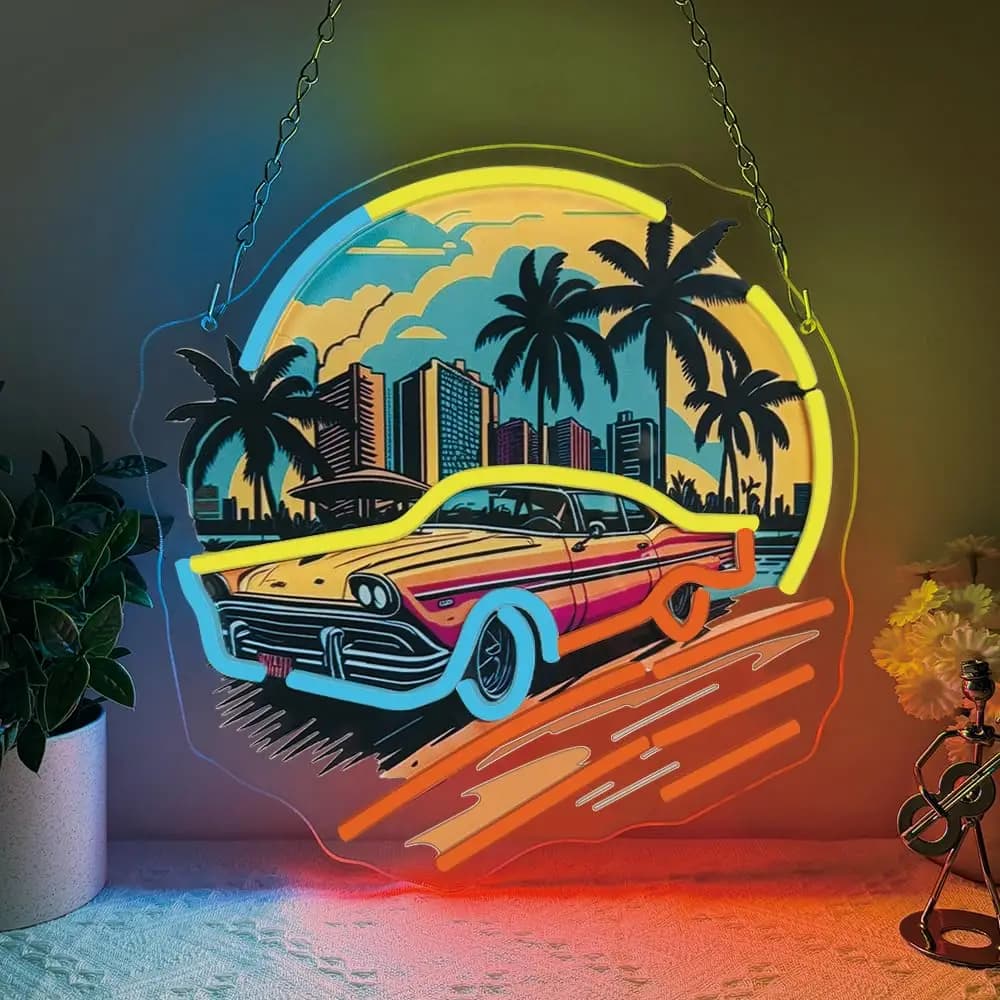 Insegna al neon da corsa per auto sportive Stampa UV Dimmerabile in stile hawaiano LED illuminato per parete Ragazzi Ragazze Camera Man Cave Garage Sala giochi