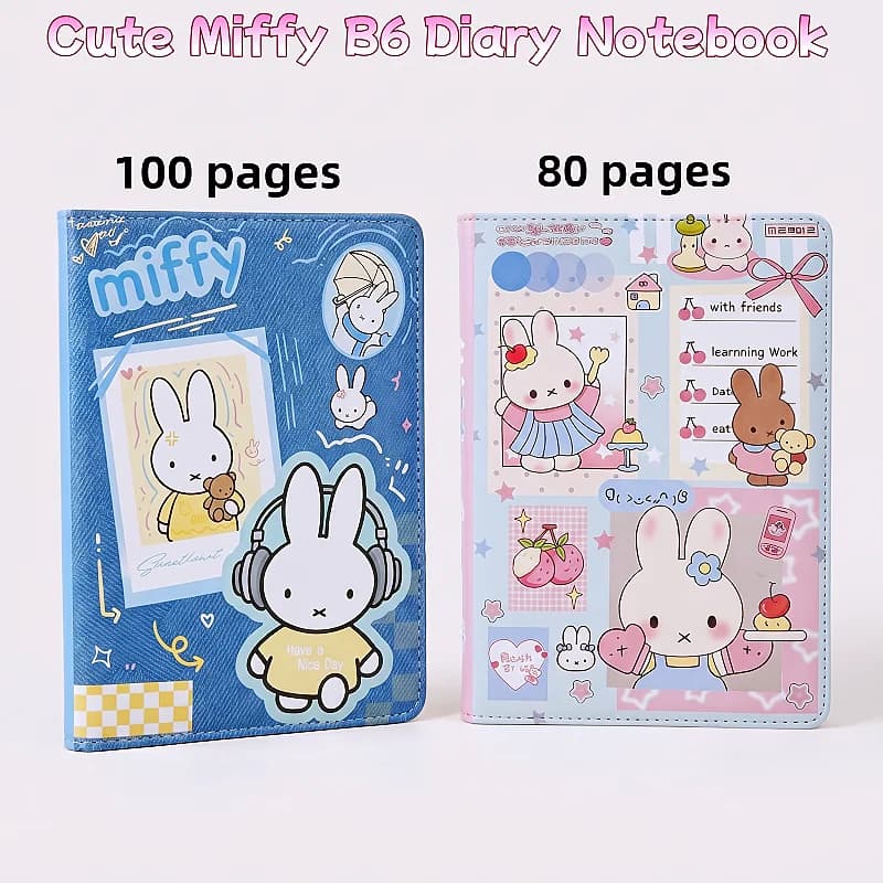 80/100 Pages Miffy Leather Notebooks Kawaii B6 Full-color Inner Pages Thickened Student Handbook Diary Office Notepad Gift