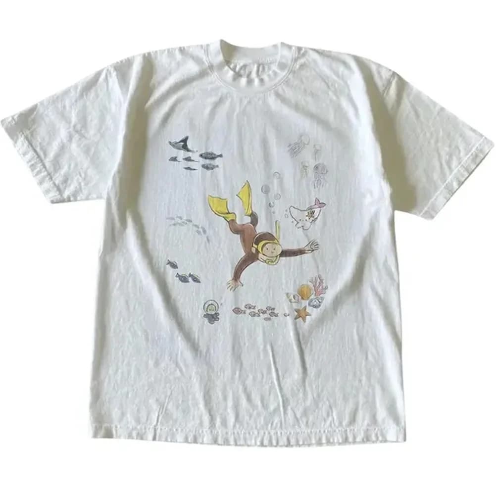 Curious George Underwater T-Shirt, Animal Tee, Cartoon Tshirt, Gifts Shirt, Unisex Vintage Graphic Tees Gothic Grunge Y2k Emo Scene Amity Affliction Style Clothes Men Women Streetwear