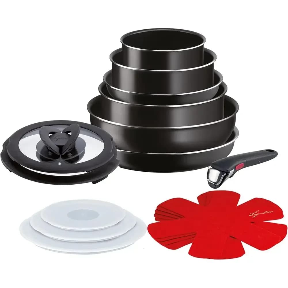 Aluminum 17-Piece Cookware Set: 2 Casseroles, 2 Frying Pans, Wok, 5 Lids, Removable Handle