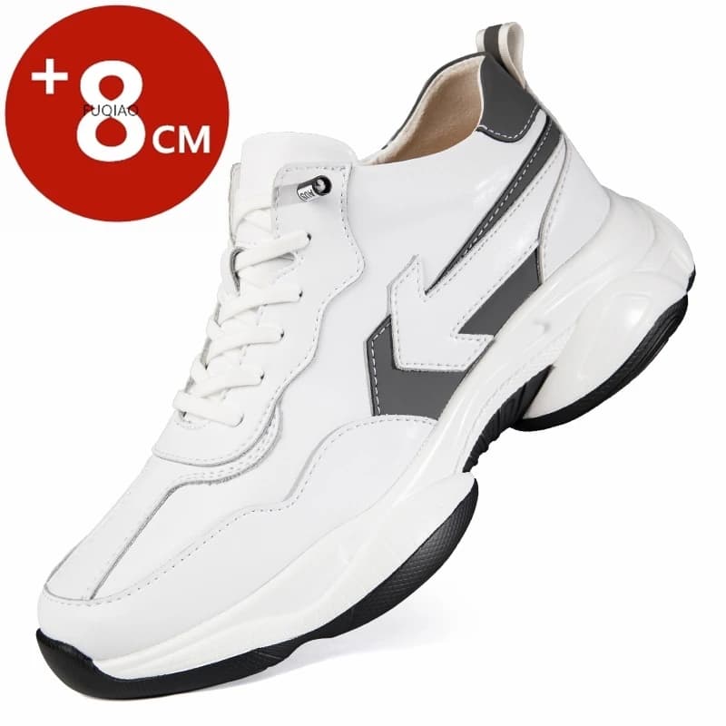 Scarpe Casual da Uomo in Pelle alla Moda con Rialzo Interno Invisibile 8CM, Sneakers Booster Bianche e Nere per Aumentare l'Altezza