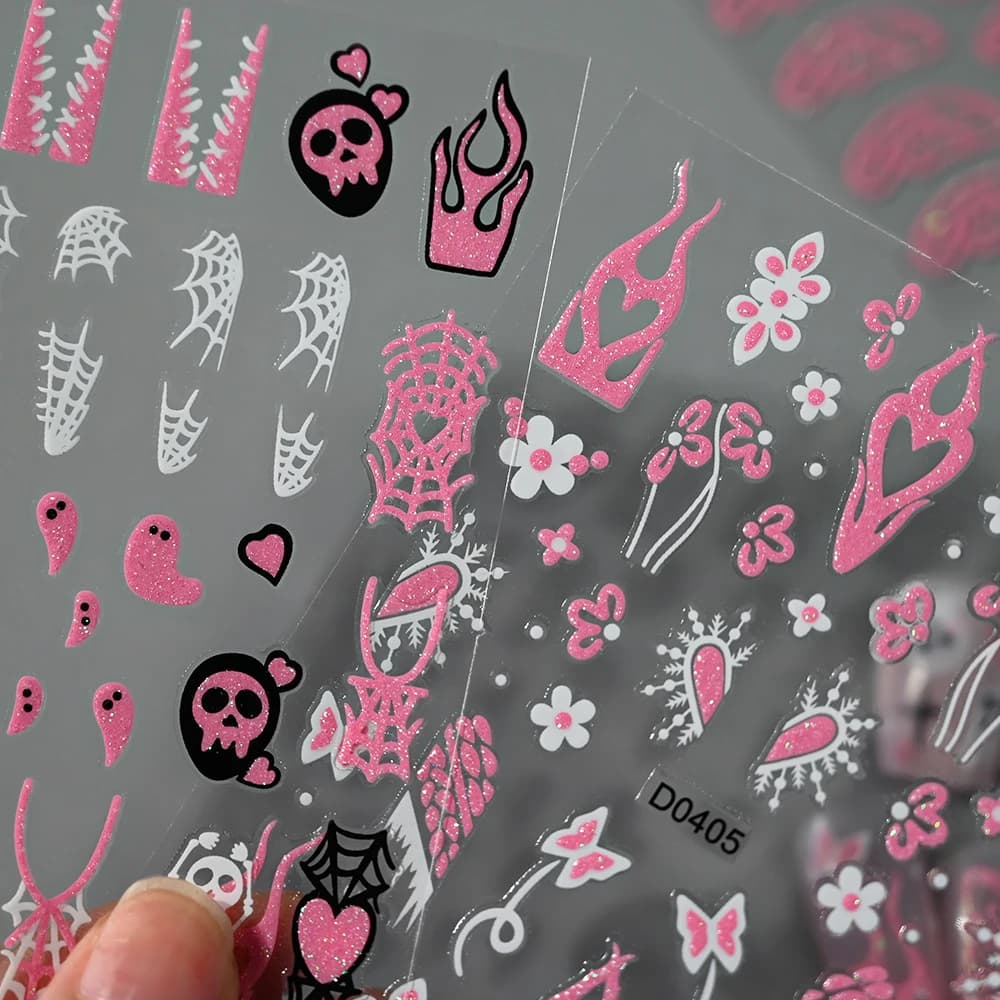 1 pz 3D rosa glitter adesivi per unghie di Halloween fantasma ragnatela pipistrello teschio adesivo decalcomanie per unghie decorazioni per unghie di Halloween fai da te