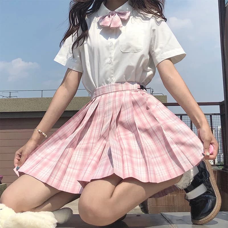 Nuova uniforme scolastica giapponese studente coreano Jk Seifuku camicetta gonna a pieghe cravatta Set completo ragazza gonna scozzese uniformi rosa per donna