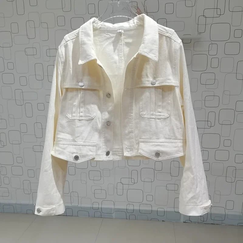 Giacca di jeans corta bianca da donna primavera autunno Decorazione multitasche Cappotto di giacca di jeans a maniche lunghe monopetto con risvolto casual