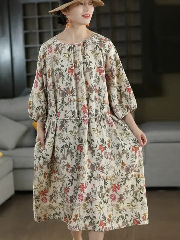 Retro Cotton Lin Women's Long Dress Knee-Length Gown Loose Fit Printed Empire Waist Design Comfortable Summer Dress