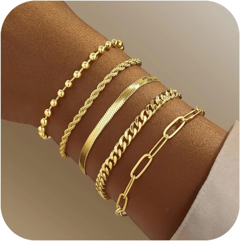 Bracciali in Oro per Donne, Set di Bracciali da Donna, Bracciali in Oro Impilabili con Perline, Cubani, a Graffetta, a Serpente, a Corda, Regali per Donne