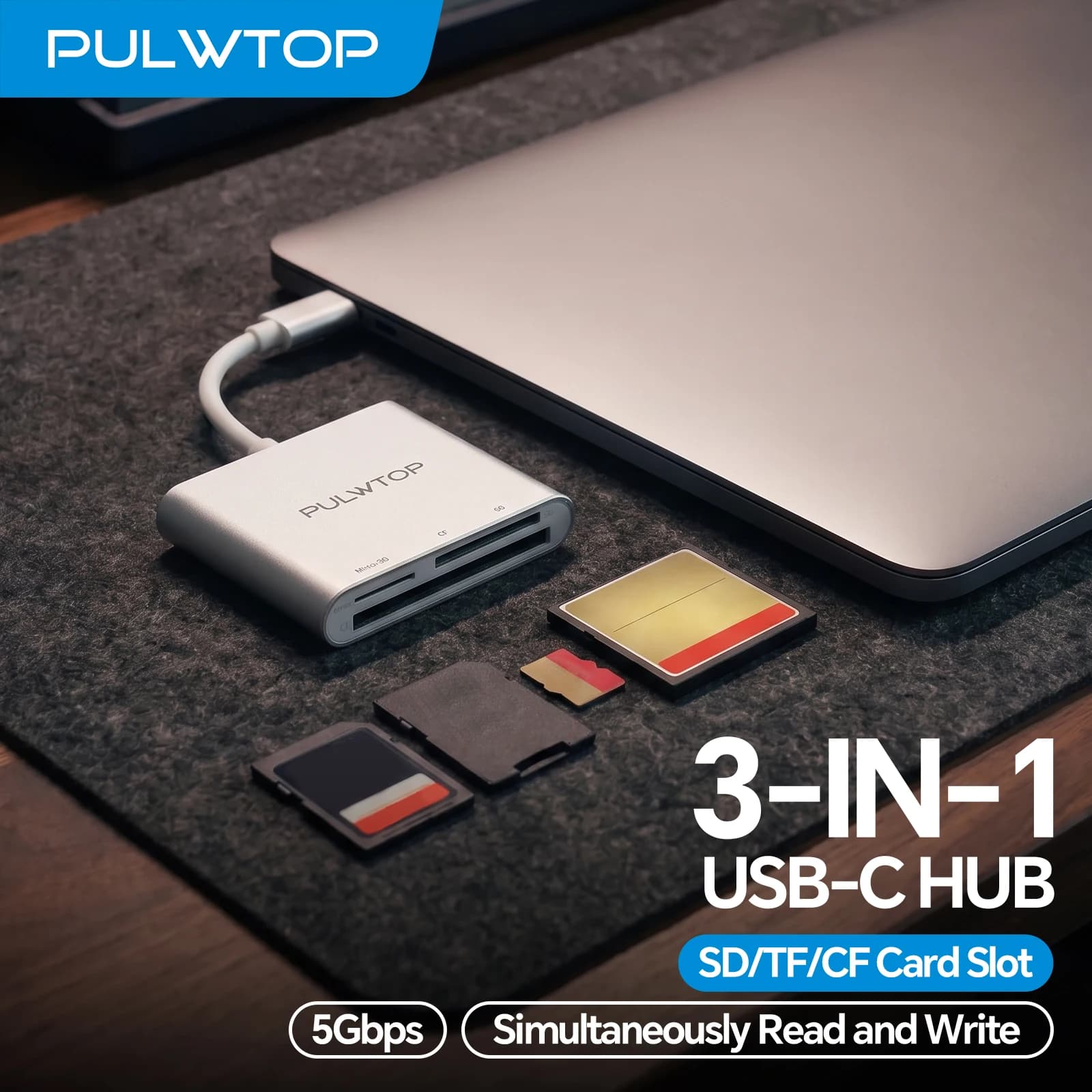 PULWTOP USB-C Card Reader, 3 in 1 Adapter with Compact Flash CF, SD, MicroSD Slots, Memory Card Reader Compatible
