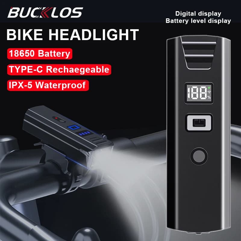 BUCKLOS Luce anteriore per bicicletta 18650 Batteria Tipo-c Faro per bici ricaricabile Potente torcia per manubrio Punti salienti per ciclismo