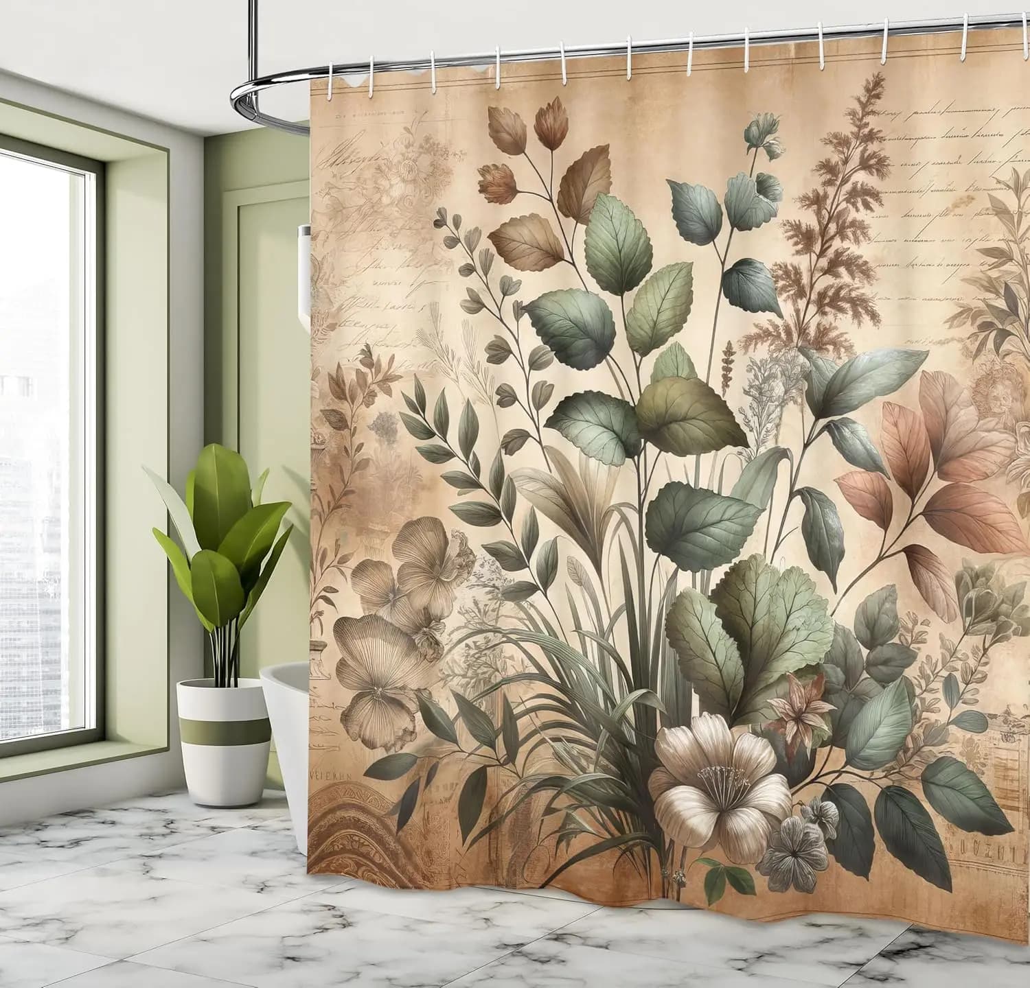 Tenda da doccia vintage, arte della botanica medievale ispirata al giardino con foglie sul retro tono terra, bagno in tessuto dec