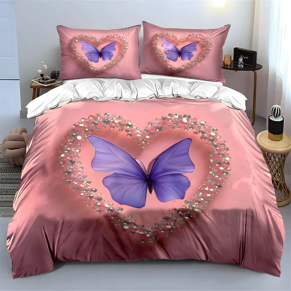 Set di biancheria da letto decorativo a forma di cuore con farfalle, con 1 copripiumino e 2 federe, singolo, matrimoniale, king, queen, idea regalo