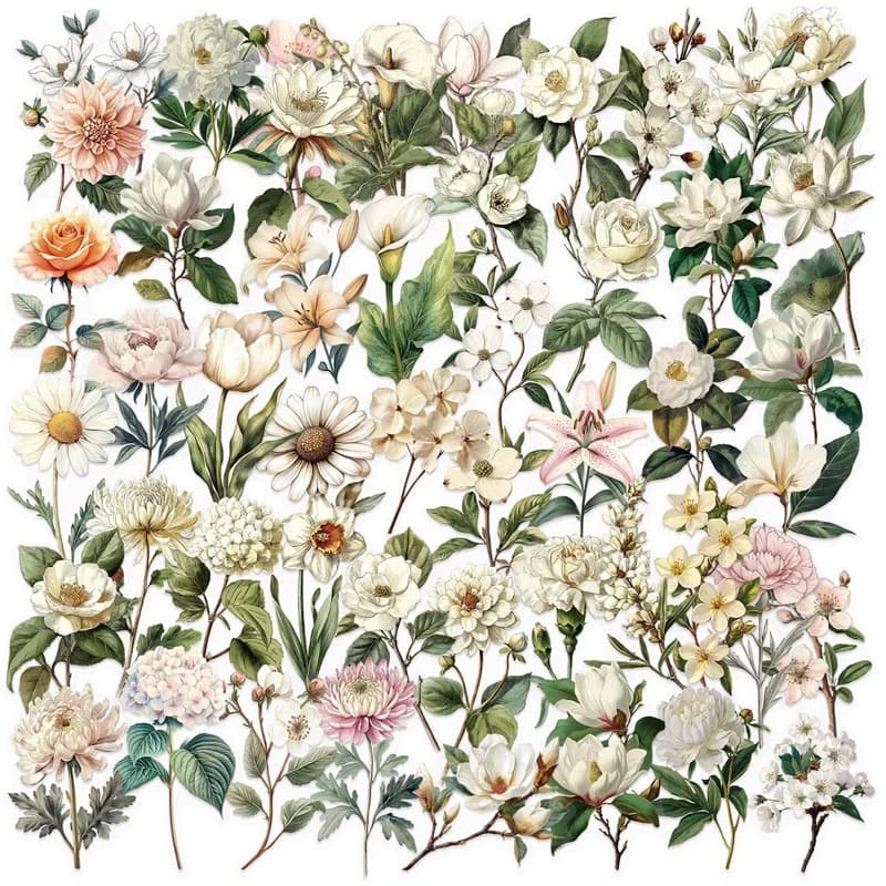 50PCS Vintage White Flower PET Sticker Aesthetic Transparent DIY Decoration Scrapbooking Sketchbook Supplies