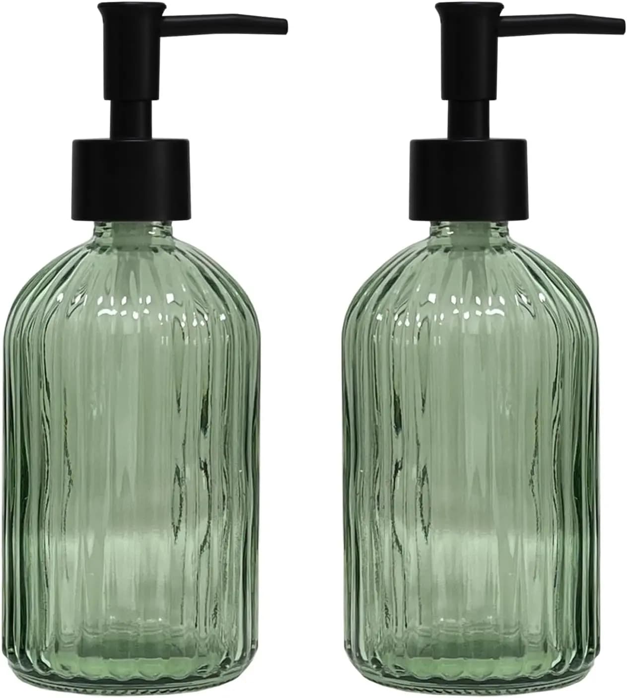 Set di Dispenser per Sapone in Vetro Verde con Pompa Nera, Dispenser Ricaricabile da 13,5 oz per Sapone Liquido, per Cucina e Bagno, Confezione da 2