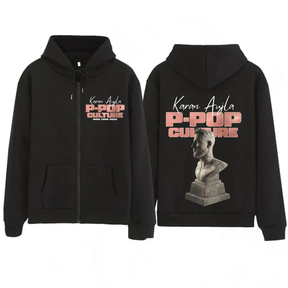 Felpa con Cappuccio e Zip Grafica Rapper Karan Aujla P-POP Culture Tour 2026 da Uomo, Pullover Moda Hip-hop Largo Harajuku con Zip