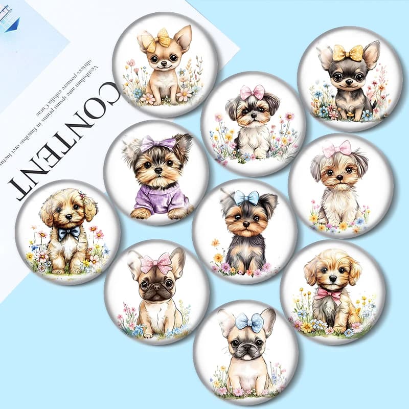 Bow Cute Dog 10pcs 12mm/18mm/20mm/25mm Round photo glass cabochon flat back Necklace Making findings