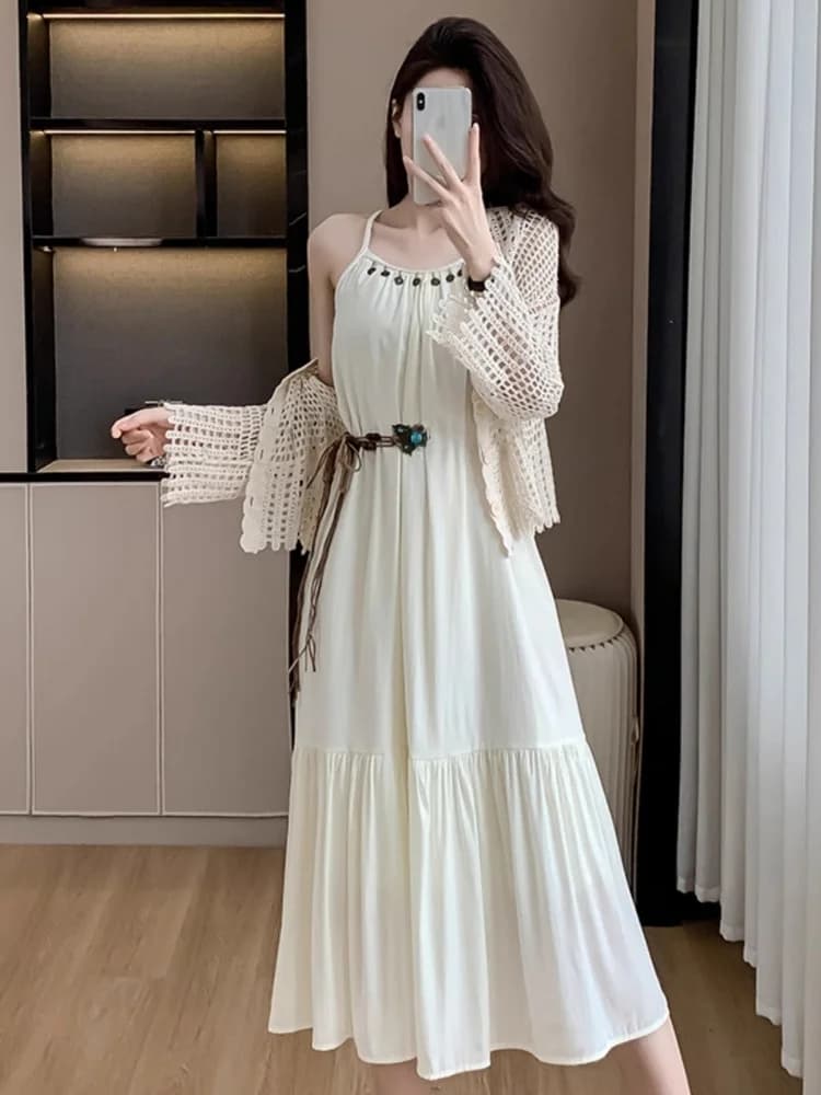 Bohemian Halter Dress Set Women Summer Fairy Tale Forest Beach Vacation Long Dress Cardigan Two Piece Set High Waist Long Sleeve