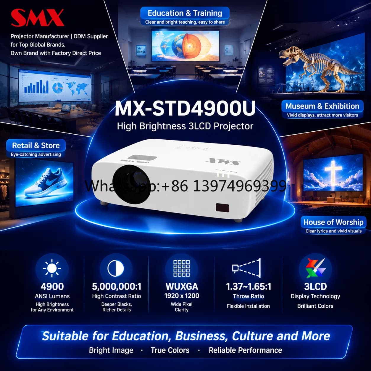 High Brightness 3LCD Laser Projector Standard Throw 4900 ANSI Lumen 300 Inches Screen Immersive Floor Interactive Projection