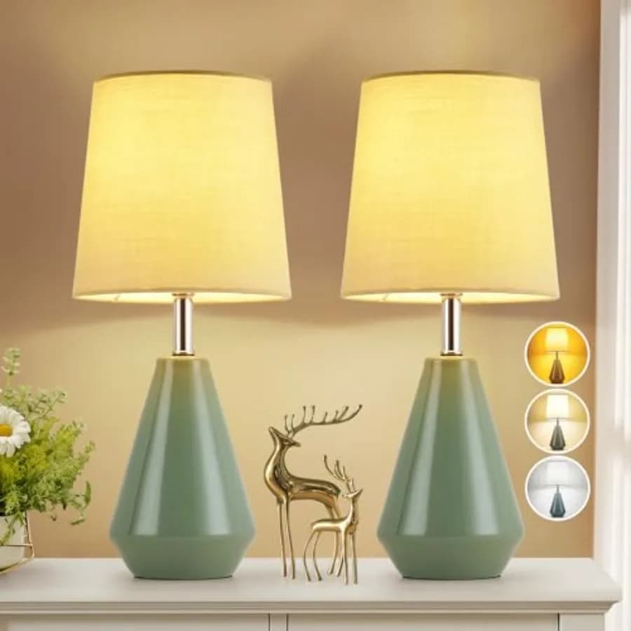 Lampada da Comodino Piccola per Camera da Letto - Set di 2 Lampade da Scrivania per Lettura, con 3 Temperature di Colore, Lampada da Comodino in Ceramica con Paralume in Tessuto