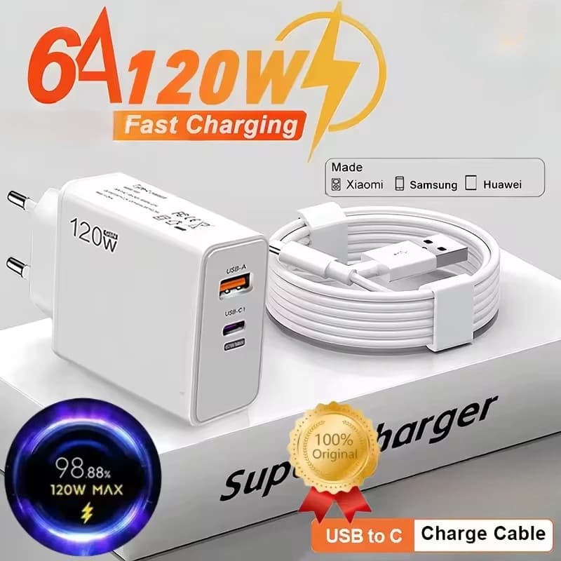 Adattatore di ricarica rapida di tipo C per caricabatterie rapido USB da 120 W con cavo di tipo C per iPhone Samsung Xiaomi Huawei Caricabatterie rapido per telefoni cellulari
