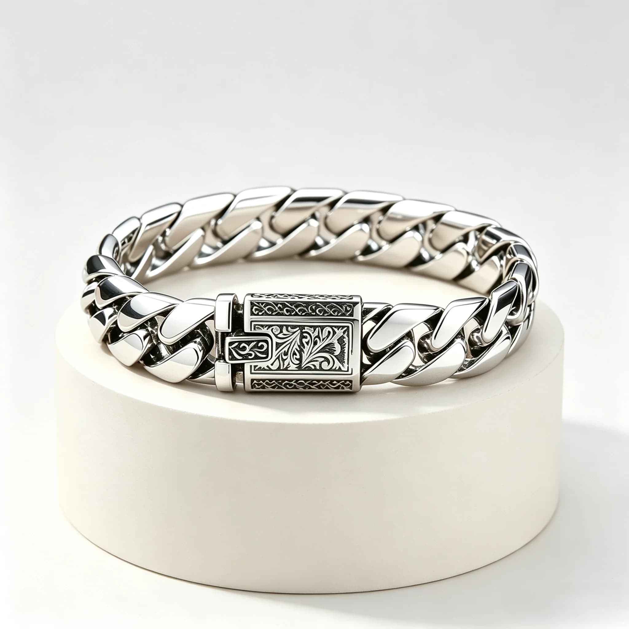 Retro Engraved Pattern Buckle S925 sterling silver Men Bracelet Wide Cuban Curb Chain Fashion Male Silver Wrist Jewelry