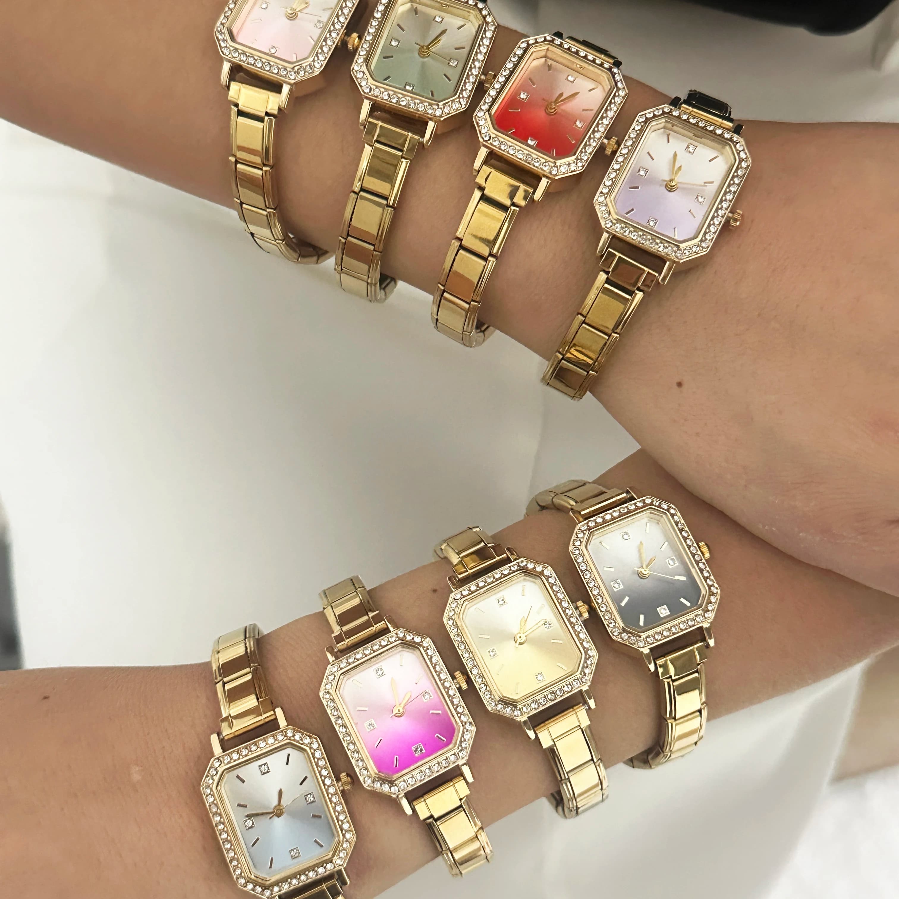 Wholesale High Quality Stainless Steel Square Shiny Zircon Gradient Colors Watch Bracelet Fashion Men Women DIY Jewelry Gifts