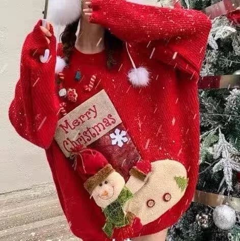 New Pull Hiver Femme Autunno Inverno Tema natalizio Maglione decorativo a maniche lunghe lavorato a maglia Felpa con cappuccio da donna Felpa con cappuccio allentata di Capodanno