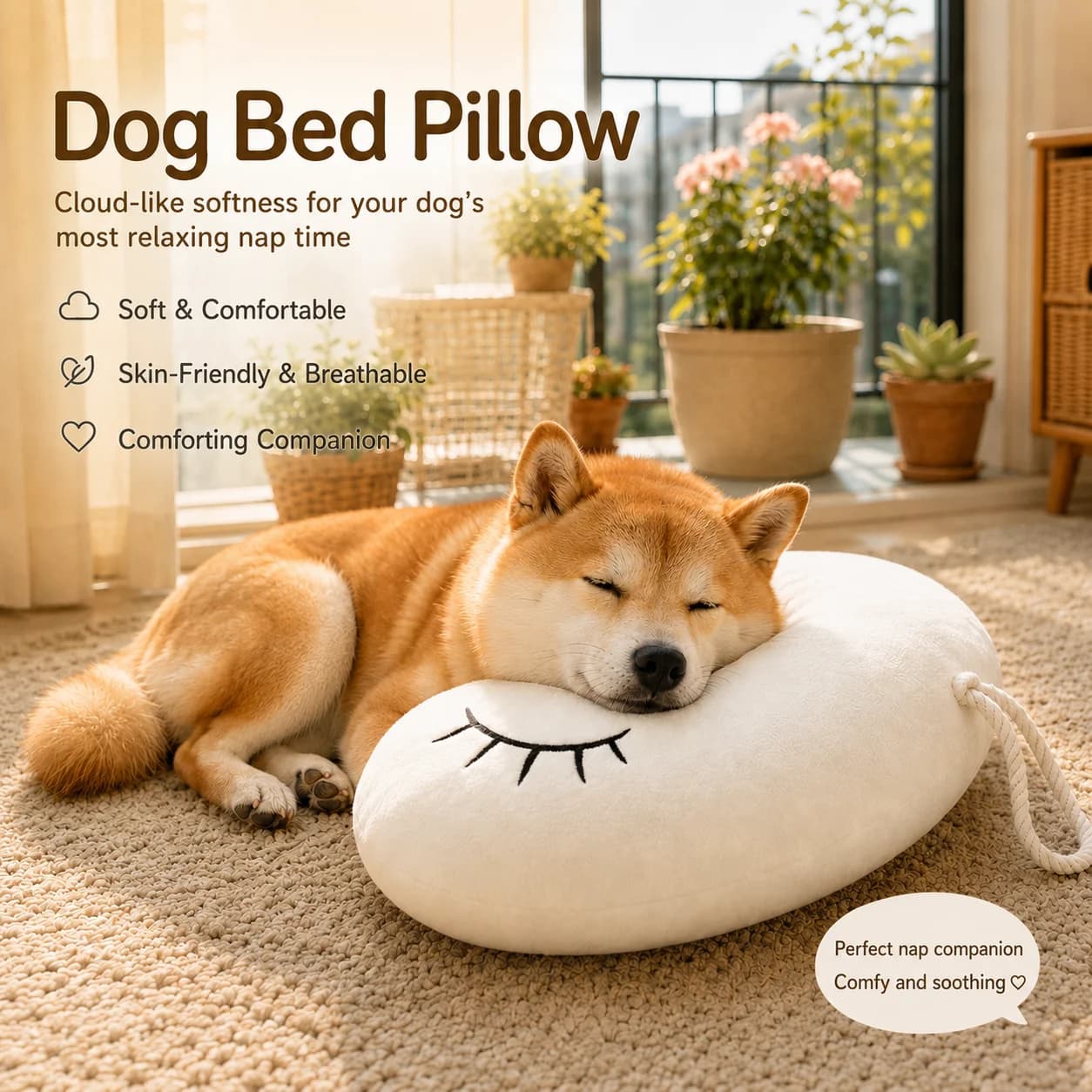 Crescent Moon Shape Dog Pillow Soft Plush PP Cotton Filling Pet Sleeping Cushion with Hanging Rope Comfort Support for Small Med