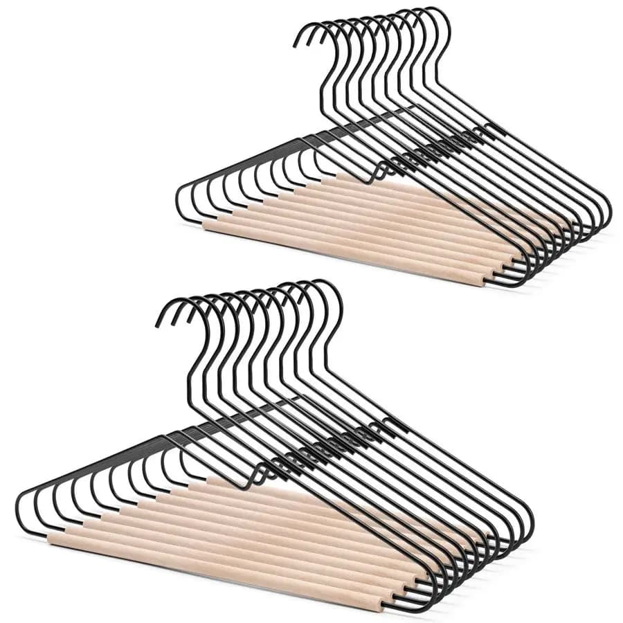 Premium coat rack in Opaque Black Metal, Pack of 20, with Smooth beech wood rack, Unique clothes hanger, Coats and Shirts