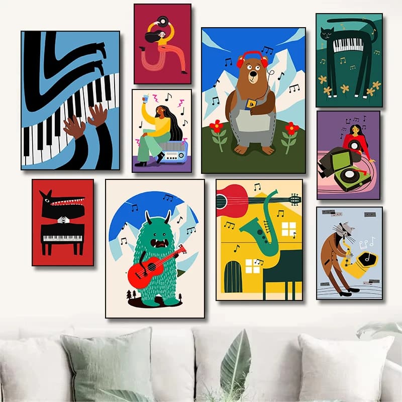 Poster Illustrativo con Gatto Nero che Suona il Pianoforte, Ragazza Jazz Musicista, Stampa Diamond Painting, Quadro da Parete per Arredamento Casa